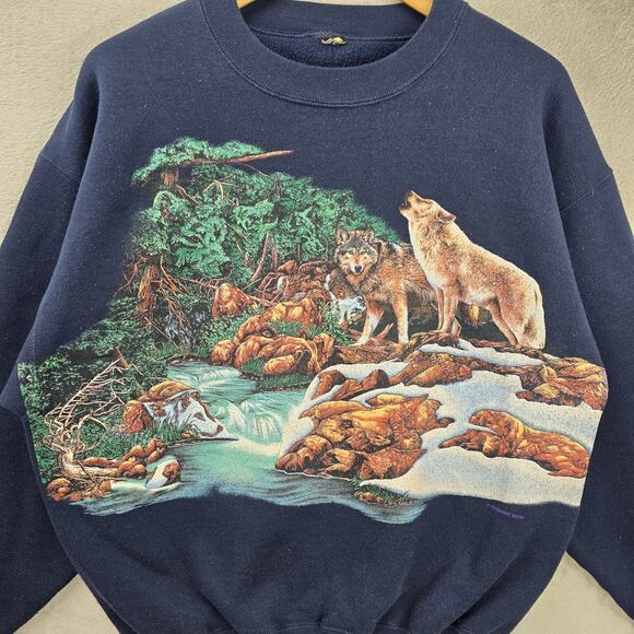 Vintage Habitat Wolves Sweatshirt Mens Large 90s Nature AOP Animal Wrap Around - Picture 3 of 8